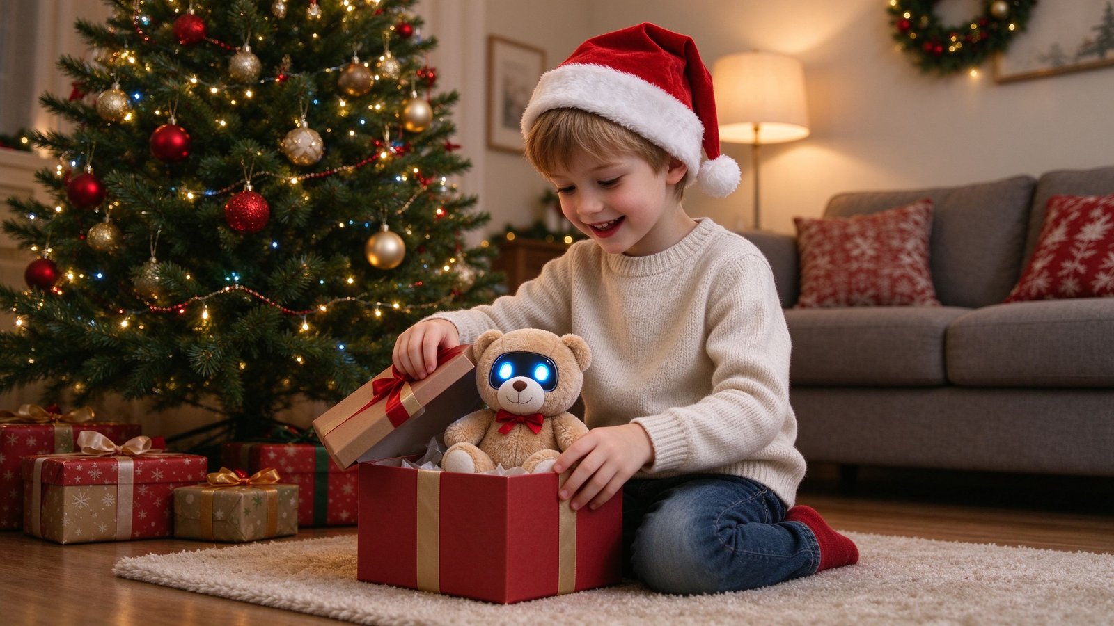 A Caucasian European child opening a holiday gift with a glowing-eyed AI teddy