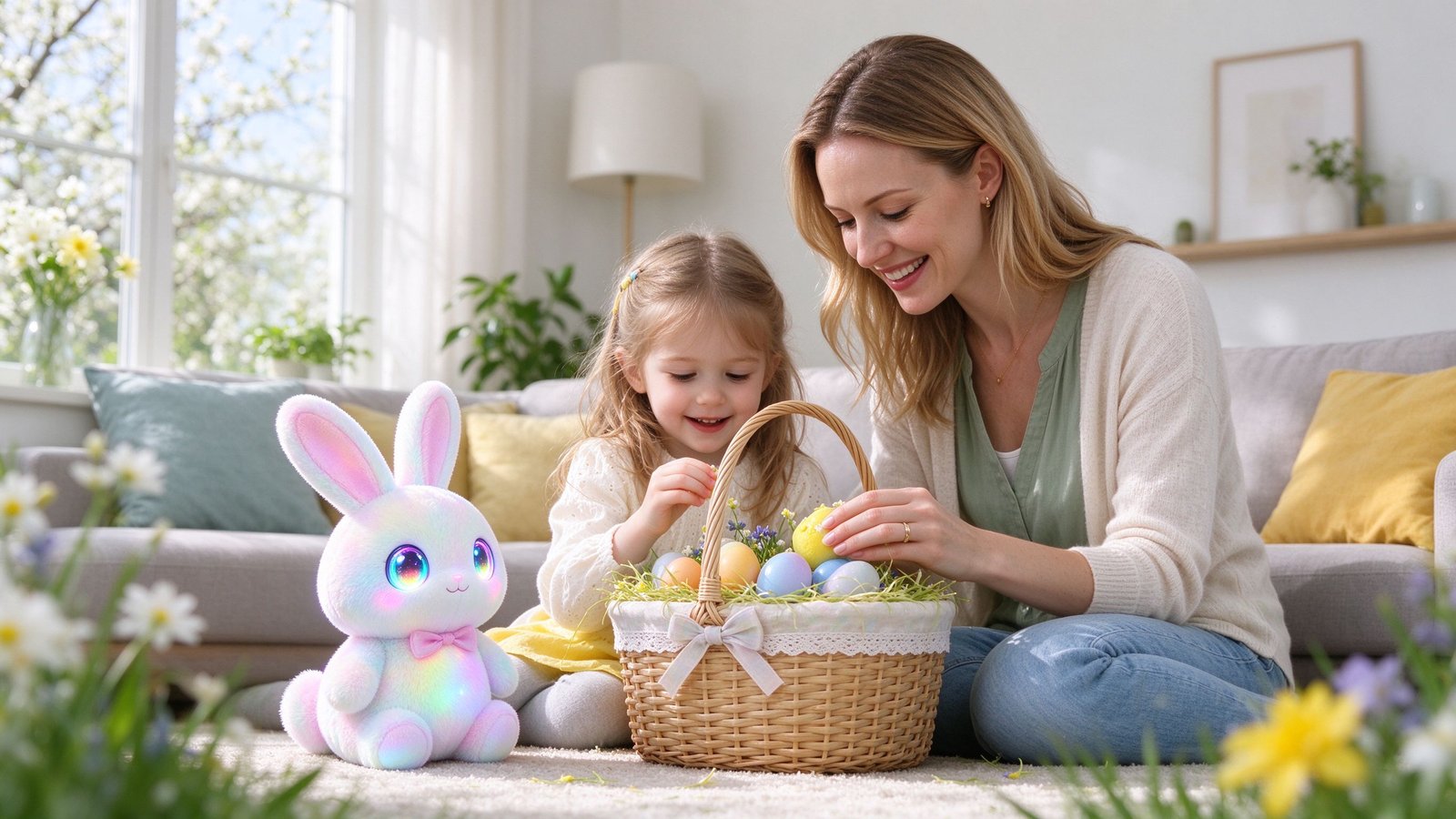 A Caucasian European mother and child decorating an Easter basket with a glowing-eyed AI bunny