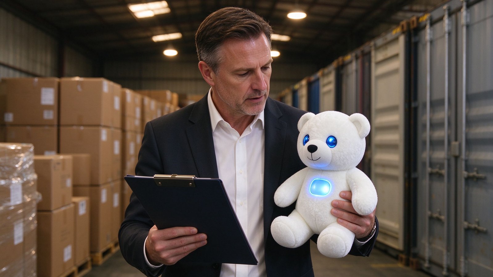 A Caucasian European importer in business attire inspecting a glowing-eyed AI plush toy with a clipboard in a container warehouse