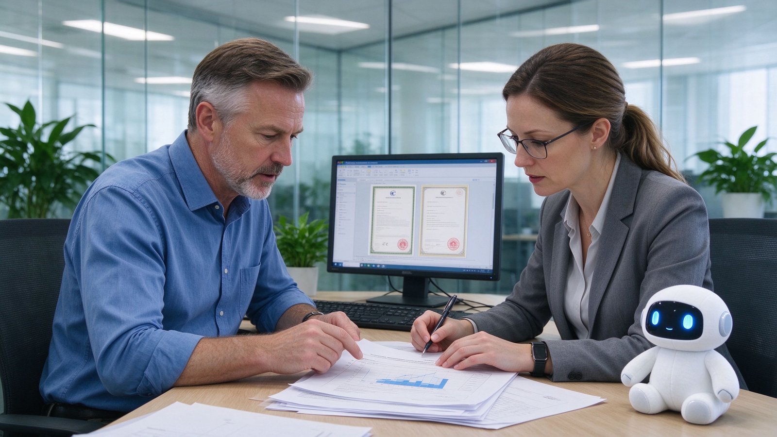 A Caucasian European importer and a factory engineer reviewing certification documents at a desk with an AI toy