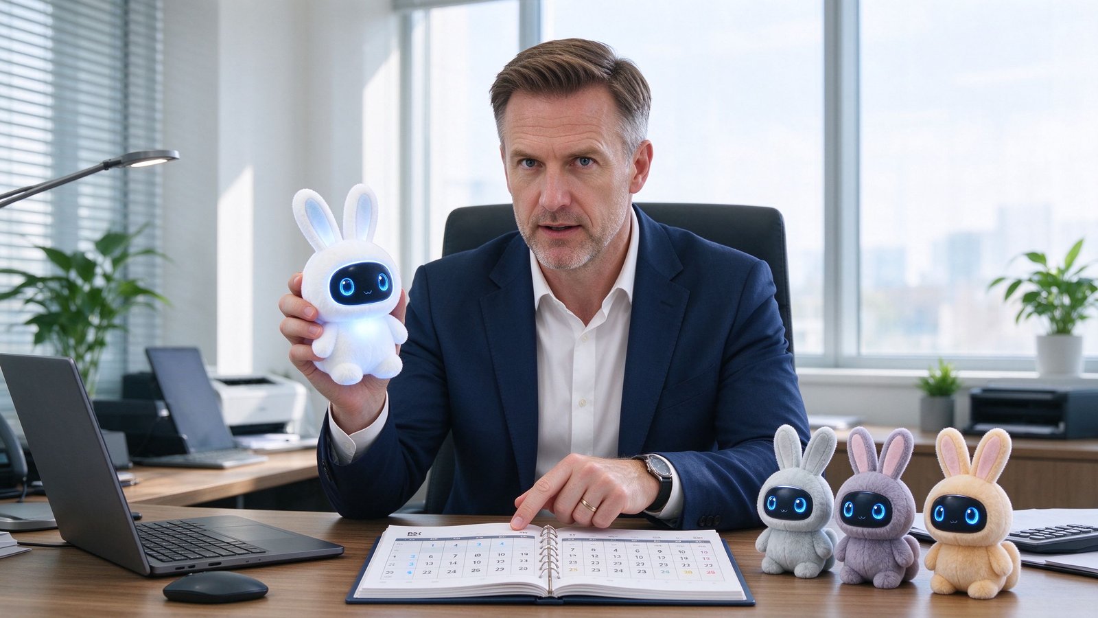 A Caucasian European purchasing manager at his desk holding a glowing-eyed AI plush bunny sample beside an open production calendar