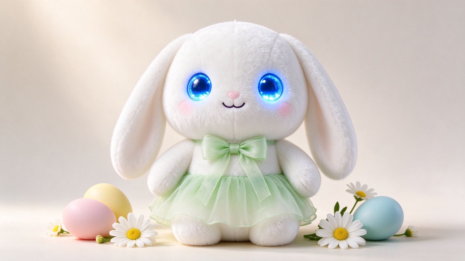 Studio close-up of a white plush AI bunny with glowing blue LED eyes, a pale green bow and pastel Easter eggs around it