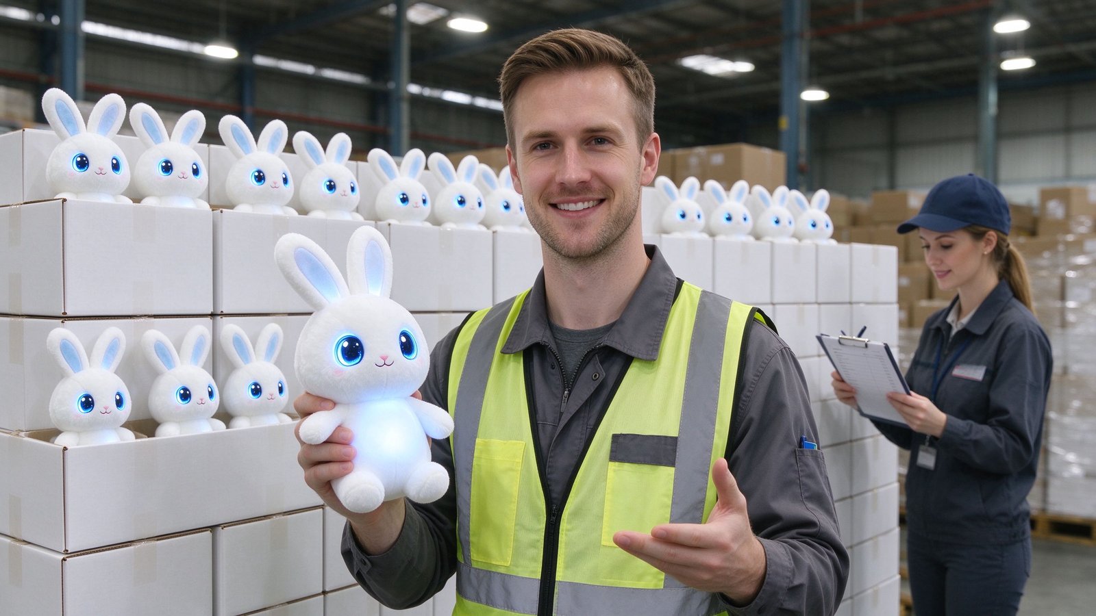 A Caucasian European warehouse supervisor holding a glowing-eyed AI plush bunny in front of stacked shipping cartons with a female colleague checking a list