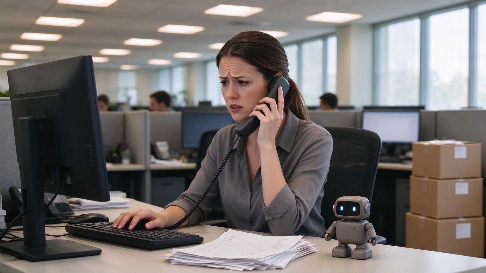 European after-sales agent handling return tickets with returned AI toy cartons beside her desk